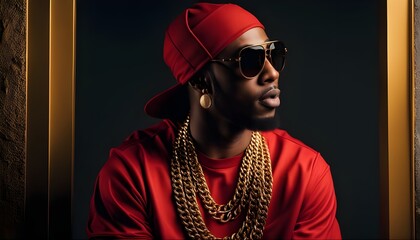Rapper in Red Wearing Gold Chains - obrazy, fototapety, plakaty