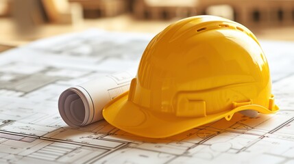 a yellow construction helmet tilts over a rolled-up blueprint, resting atop a flat blueprint