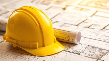 yellow construction helmet placed on a rolled-up blueprint, atop a flat blueprint.
