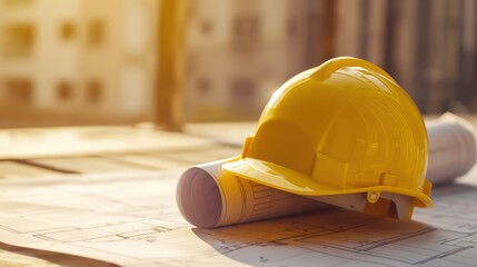 yellow construction helmet placed on a rolled-up blueprint, atop a flat blueprint.