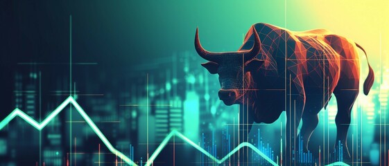 A banner capturing the surge in stocks, set against the backdrop of a trade exchange with a bull and a green up arrow graph depicting the increase in asset value. 