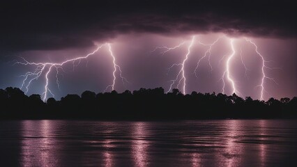 lightning in the city This is a photo of a dark sky with multiple lightning bolts striking over a body of water, creating a dramatic and awe-inspiring scene of nature s fury.