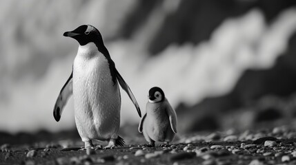  a couple of penguins standing next to each other on a rock covered ground with a mountain in the back ground and clouds in the sky in the back ground behind them.