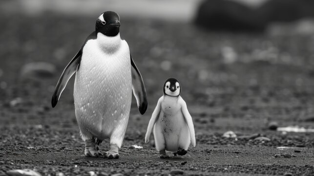  a black and white photo of a penguin and a penguinling walking side by side on a rocky ground, with a black and white photo of an adult penguin in the background.