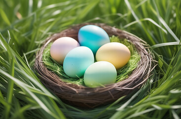 Colorful easter eggs in nest with green grass
