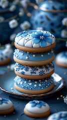 Cookies decorated with icing in a vintage quilt pattern in shades of blue and white.