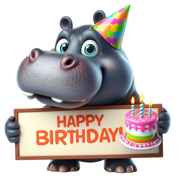 Cute Animal 3D Hippo Holding 'Happy Birthday' Board and Wearing Party Cap Cartoon: Isolated on Transparent Background - Clipart PNG Sticker Design