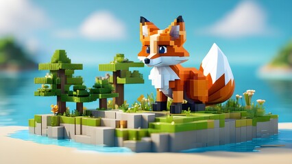 Voxel pixel art Fox in wild, animals made of 3d cubes, voxel illustration for video games or illustrating 3d animation and vfx studios. Generative AI