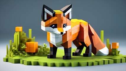 Voxel pixel art Fox, animals made of 3d cubes, voxel illustration for video games or illustrating 3d animation and vfx studios. Generative AI