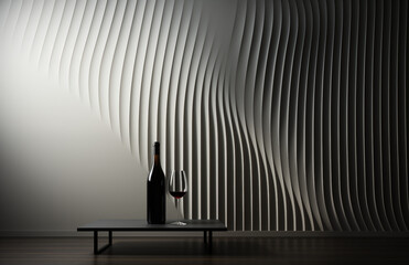 A bottle and glass of red wine placed on a low coffee table, set against the backdrop of a striking sculptural wall in a dimly lit room.
