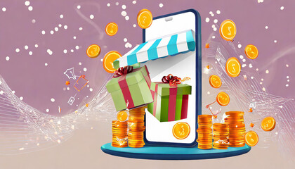 3d realistic shop in smartphone with open gift box and falling coins. Online shopping banner in cartoon style. Design for discount voucher or coupon percentage sale.