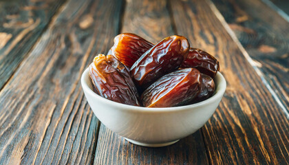 Bowl of dried dates on dark wooden background
