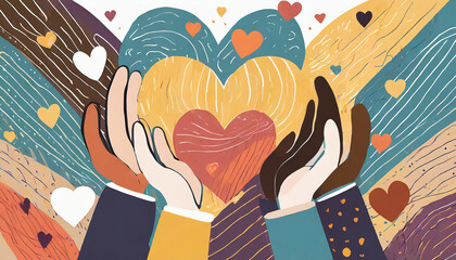 Charity illustration concept with abstract, diverse persons, hands and hearts. Community compassion, love, and support towards those in need