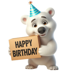 Cute Animal 3D Polar Bear Holding 'Happy Birthday' Board and Wearing Party Cap Cartoon: Isolated on Transparent Background - Clipart PNG Sticker Design	 - obrazy, fototapety, plakaty