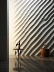 A red wine bottle and glass set on a small table, with a striking geometric shadow pattern on the wall in a minimalist interior.
