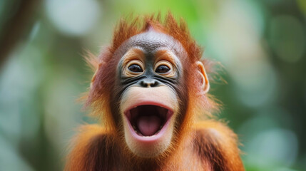 Fototapeta premium Funny Portrait of Smiling Monkey showing teeth. small surprised monkey, close-up. Astonished macaque monkey with mouth open. Close up portrait of a happy baby chimpanzee with a silly grin with room 