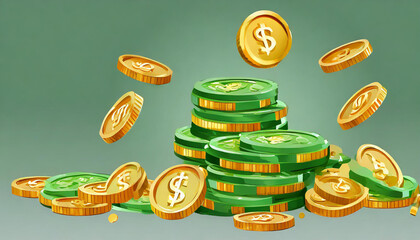 Green currency stack and falling gold coins in cartoon style. 3d realistic money object for poster or banner.