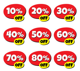 Special offer sale red tags set. Discount offer price labels for advertising campaign in retail. 10%,20%,30%,40%,50%,60%,70%,80%,90% off discount stickers.