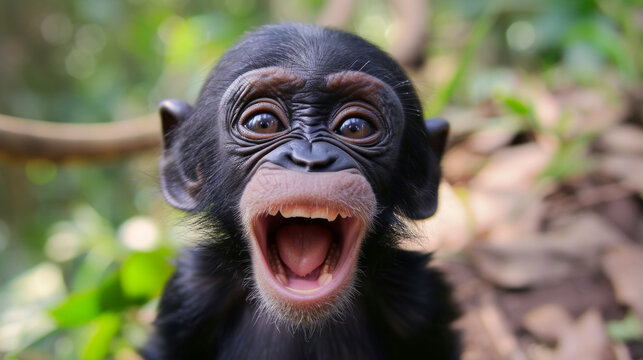 Funny Portrait of Smiling Monkey showing teeth. small surprised monkey, close-up. Astonished macaque monkey with mouth open. Close up portrait of a happy baby chimpanzee with a silly grin with room 