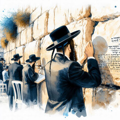 Jewish praying at western wall.