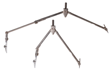 A compass with a long arm for drawing circles on paper with an ink tip. Isolated background.