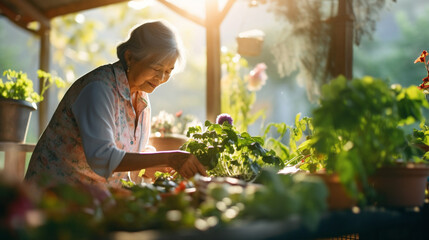 家庭菜園をするアジア人高齢女性
