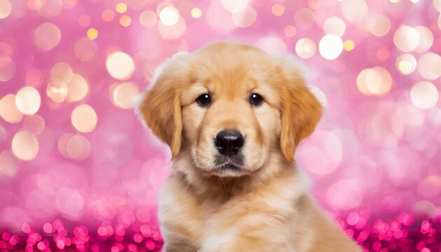 golden retriever puppy on a pink background