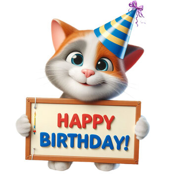 Cute Animal 3D Cat Holding 'Happy Birthday' Board and Wearing Party Cap Cartoon: Isolated on Transparent Background - Clipart PNG Sticker Design	