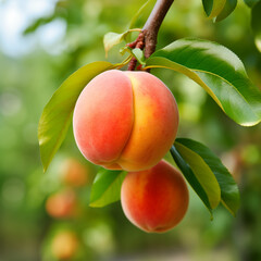 close-up of a fresh ripe peach hang on branch tree. autumn farm harvest and urban gardening concept with natural green foliage garden at the background. selective focus