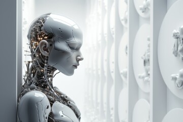 Close-Up Portrait of a Female Android Head Against a Softly Illuminated Background