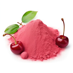 close up pile of finely dry organic fresh raw cherry powder isolated on white background. bright colored heaps of herbal, spice or seasoning recipes clipping path. selective focus - obrazy, fototapety, plakaty