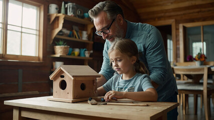 Father teaching daughter how to make wooden bird house, Father's day - Powered by Adobe