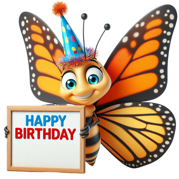 Cute Animal 3D Butterfly Holding 'Happy Birthday' Board and Wearing Party Cap Cartoon: Isolated on Transparent Background - Clipart PNG Sticker Design	