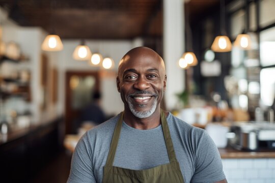 Portrait of a happy male cafe owner with apron in restaurant