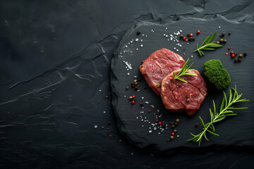 Raw meat steak in spices on a black table. Top view