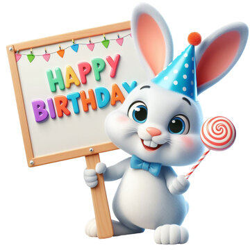 Cute Animal 3D Bunny Holding 'Happy Birthday' Board and Wearing Party Cap Cartoon: Isolated on Transparent Background - Clipart PNG Sticker Design	
