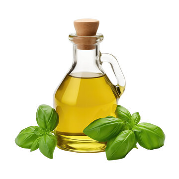 fresh raw organic basil oil in glass bowl png isolated on white background with clipping path. natural organic dripping serum herbal medicine rich of vitamins concept. selective focus