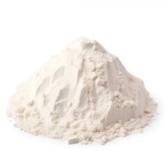 close up pile of finely dry organic fresh raw arrowroot flour powder isolated on white background. bright colored heaps of herbal, spice or seasoning recipes clipping path. selective focus - obrazy, fototapety, plakaty