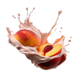 realistic fresh ripe peach with slices falling inside swirl fluid gestures of milk or yoghurt juice splash png isolated on a white background with clipping path. selective focus
