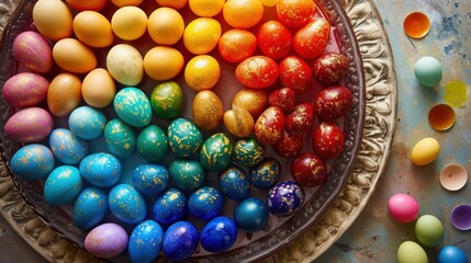 Fototapeta premium a bowl filled with lots of different colored eggs next to a plate of colored eggs on top of a blue surface with other colored eggs in the bowl next to the bowl.