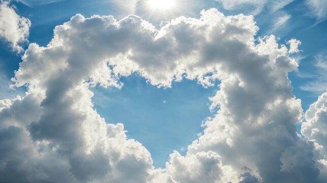 Beautiful, White Puffy Clouds in the Sky in the Shape of a Love Heart. Modern Valentine&rsquo;s Day Background.