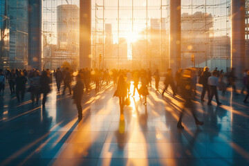 motion blur of business professionals at a huge congerence, spacious building, lens flare, golden hour