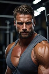 Fototapeta premium Muscular Man With Beard Exercising Shirtless in Gym. Generative AI.