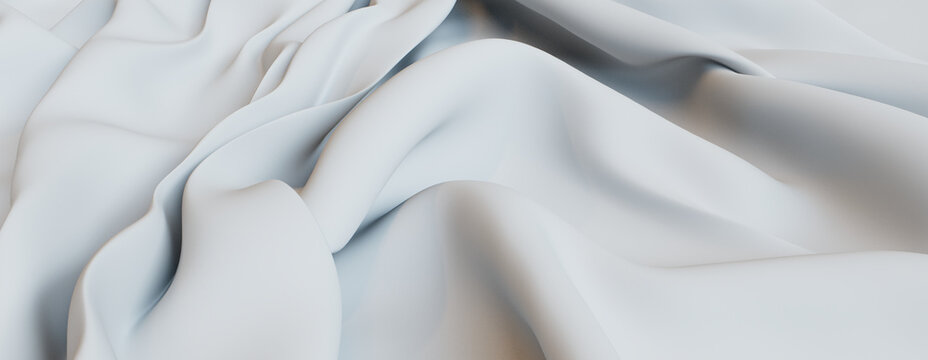 White Fabric Wallpaper with Ripples. Luxury Surface Texture.