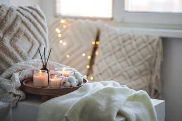 Concept of home aromatherapy, cozy bedroom interior, place for relaxation, detention, meditation....