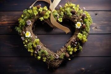 Fototapeta na wymiar easter wreath in shape of heart eco organic style on wooden background