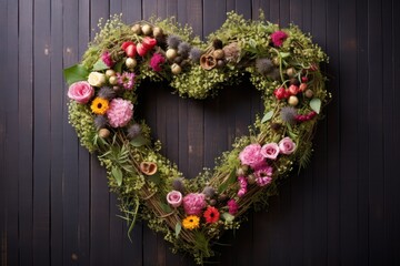 Fototapeta na wymiar easter wreath in shape of heart eco organic style with green moss and pink flowers on wooden background