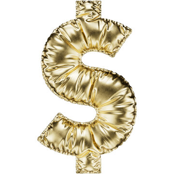 USD. United states dollar icon. Golden dollar sign in the shape of a balloon, isolated on a transparent background. An inflatable balloon of gold color with a glossy texture.