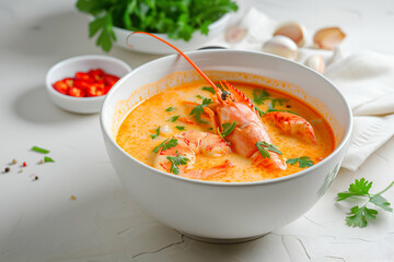 Cream soup with seafood and lobster served on plate on a white table. Tasty appetizing dish in restaurant food service