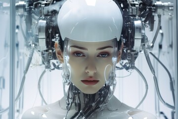 half woman half robot. Cyborg  in white sterile space of scientific lab. AI and technology concept banner with copy space.